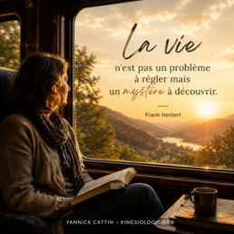 Une femme assise dans un train regarde le paysage défiler en tenant un livre ouvert. Cette photographie illustre le besoin de tout comprendre, l'acceptation de l'incertitude et le cheminement vers un équilibre intérieur. Citation de Frank Herbert.