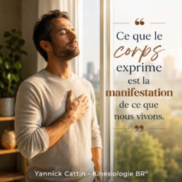 Une personne debout les yeux fermés pose une main sur sa poitrine dans une lumière naturelle, symbole de l'écoute de soi et des ressentis corporels.