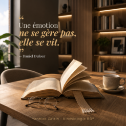 Livre ouvert dans un intérieur contemporain illustrant la citation de Daniel Dufour sur les émotions.