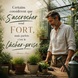 Un jardinier observe paisiblement ses plantes dans une serre lumineuse. Une métaphore du lâcher-prise, de la confiance et du respect du rythme naturel de la vie, illustrant un article sur le besoin de tout contrôler et la kinésiologie BR®.