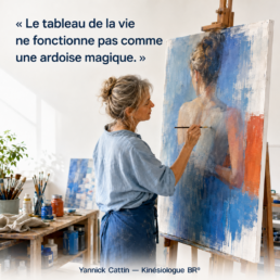 Une artiste retouche un portrait féminin sur une toile, avec la citation « Le tableau de la vie ne fonctionne pas comme une ardoise magique.